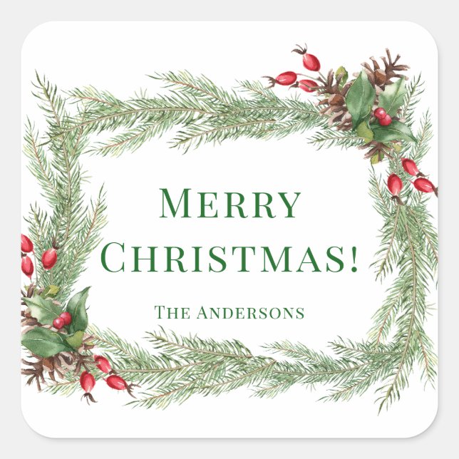 Red Berries Pine Needles Merry Christmas  Square Sticker (Front)