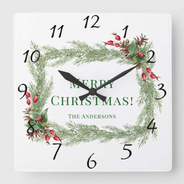 Red Berries Pine Needles Merry Christmas  Square Wall Clock (Front)