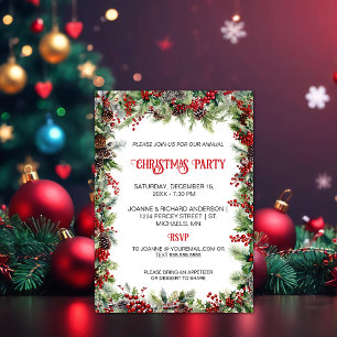 Red Berries, Pine, Pinecones Christmas Party Holiday Card