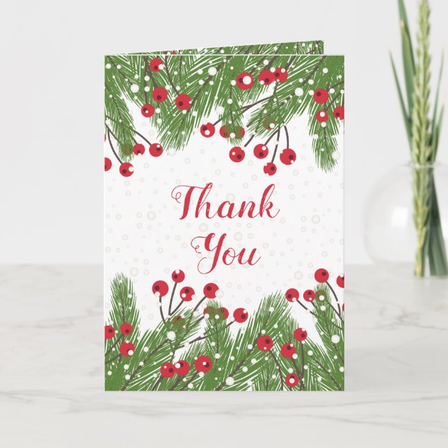 Red berries, pine, snow Christmas Thank You (Front)