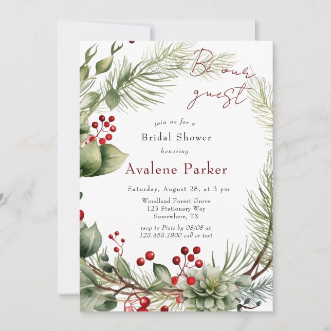 Red Berries Pine Wreath Be Our Guest Bridal Shower Invitation (Front)