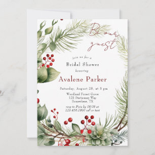 Red Berries Pine Wreath Be Our Guest Bridal Shower Invitation