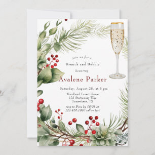 Red Berries Pine Wreath Brunch and Bubbly Invitation