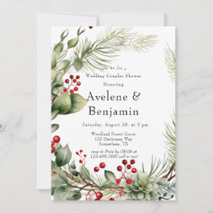 Red Berries Pine Wreath Wedding Couples Shower Invitation