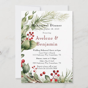 Red Berries Pine Wreath Wedding Rehearsal Dinner Invitation