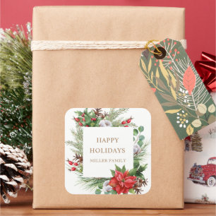 Red Berries Poinsettia Monogram Square Sticker