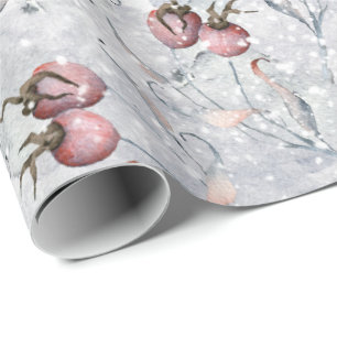 Red Berries Snow scene with leaves, winter Wrapping Paper