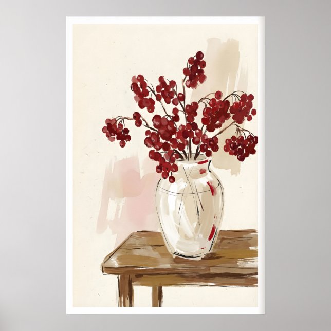 Red Berries Still Life Print Painterly Branches in (Front)