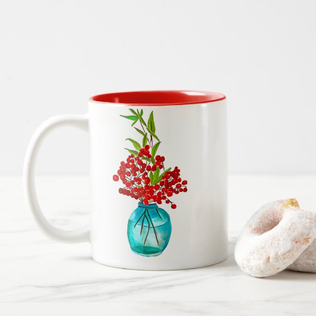 Red Berries watercolor art Two-Tone Coffee Mug (With Donut)
