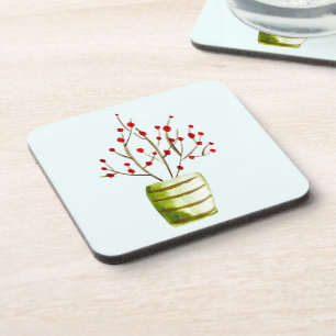 Red Berries watercolor Christmas Coaster