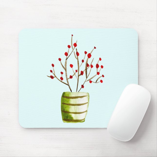 Red Berries watercolor Christmas Mouse Mat (With Mouse)