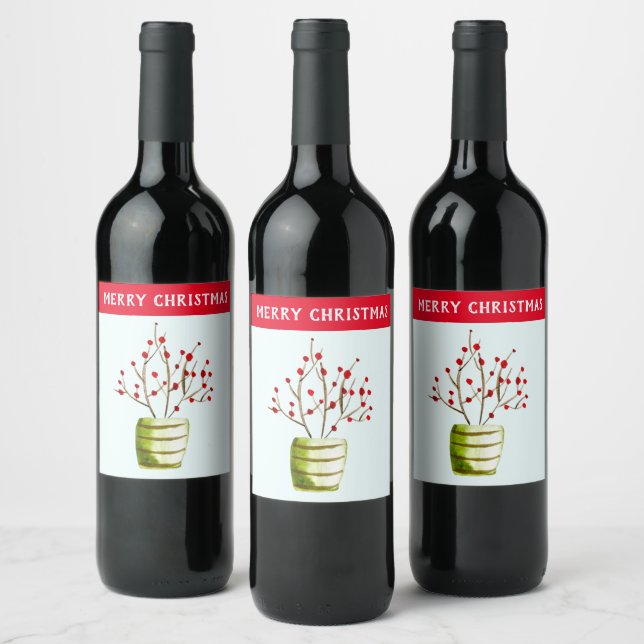Red Berries watercolor Christmas Wine Label (Bottles)
