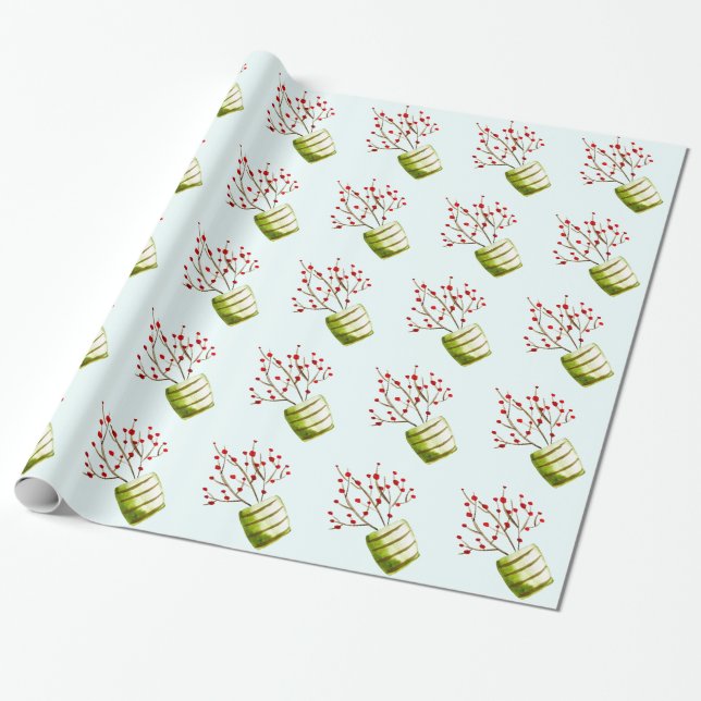 Red Berries watercolor Christmas Wrapping Paper (Unrolled)
