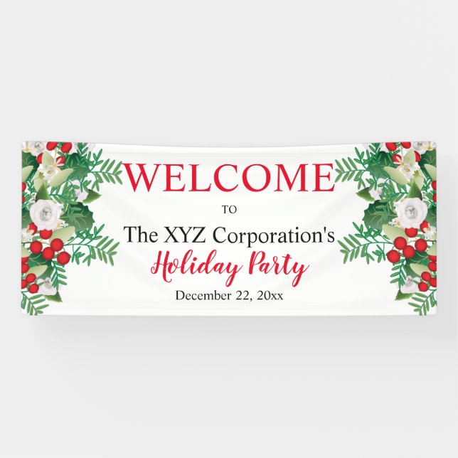 Red Berries White Floral Holiday Party Welcome Banner (Horizontal)