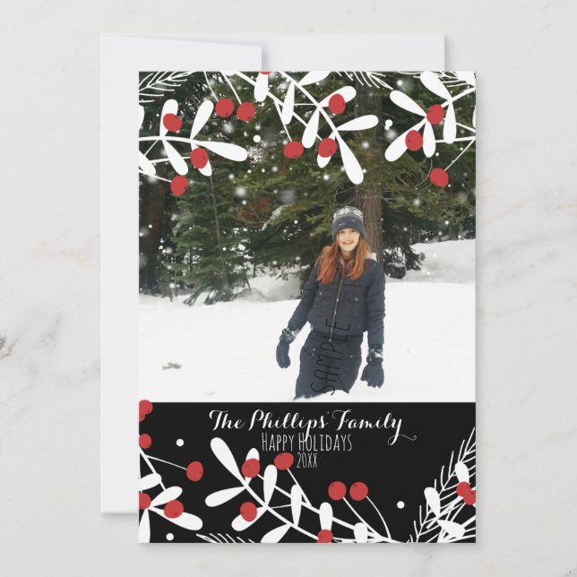Red Berries White Leaves Black Holiday Photo Card (Front)