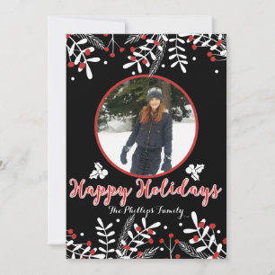 Red Berries White Leaves Black Holiday Photo Card