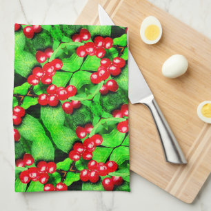 Red Berries With Raindrops Abstract Nature Pattern Tea Towel