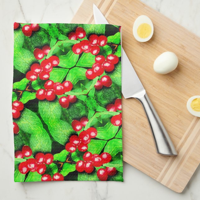 Red Berries With Raindrops Abstract Nature Pattern Tea Towel (Quarter Fold)