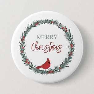 Red Berries Wreath and Red Cardinal Christmas  7.5 Cm Round Badge