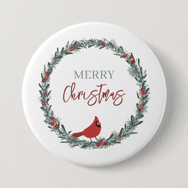 Red Berries Wreath and Red Cardinal Christmas  7.5 Cm Round Badge (Front)