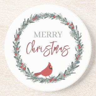 Red Berries Wreath and Red Cardinal Christmas  Coaster