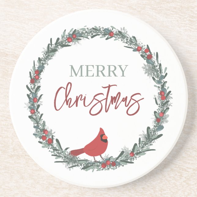 Red Berries Wreath and Red Cardinal Christmas  Coaster (Front)