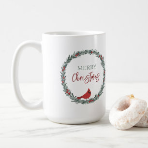 Red Berries Wreath and Red Cardinal Christmas Coffee Mug