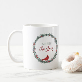 Red Berries Wreath and Red Cardinal Christmas Coffee Mug