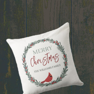 Red Berries Wreath and Red Cardinal Christmas Cushion
