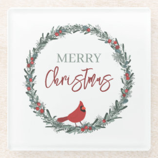 Red Berries Wreath and Red Cardinal Christmas Glass Coaster