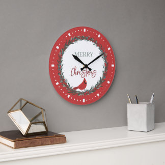 Red Berries Wreath and Red Cardinal Christmas Large Clock