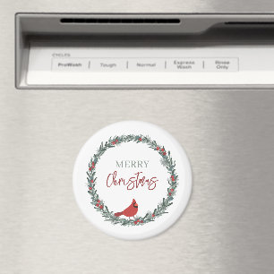 Red Berries Wreath and Red Cardinal Christmas Magnet