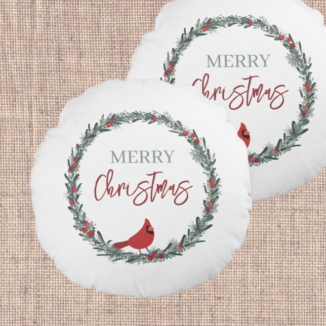 Red Berries Wreath and Red Cardinal Christmas  Round Cushion (Creator Uploaded)
