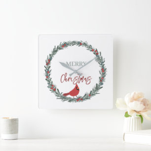 Red Berries Wreath and Red Cardinal Christmas  Square Wall Clock