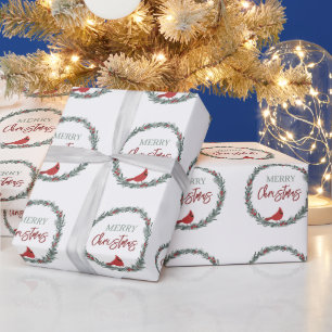 Red Berries Wreath and Red Cardinal Christmas Wrapping Paper