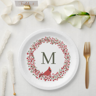 Red Berries Wreath and Red Cardinal Monogram  Paper Plate