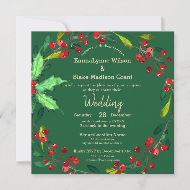 Red Berries Wreath Green Gold Christmas Wedding Invitation (Front)