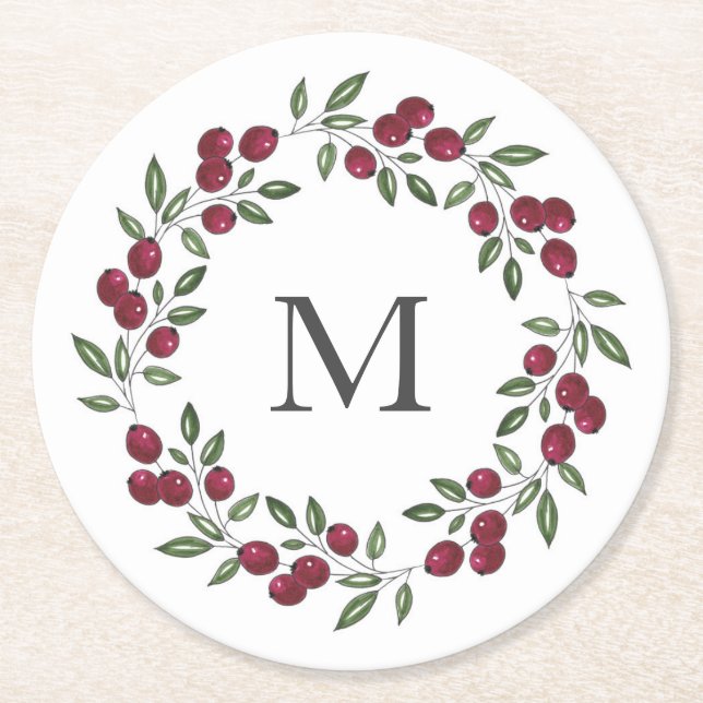 Red Berries Wreath  Round Paper Coaster (Front)