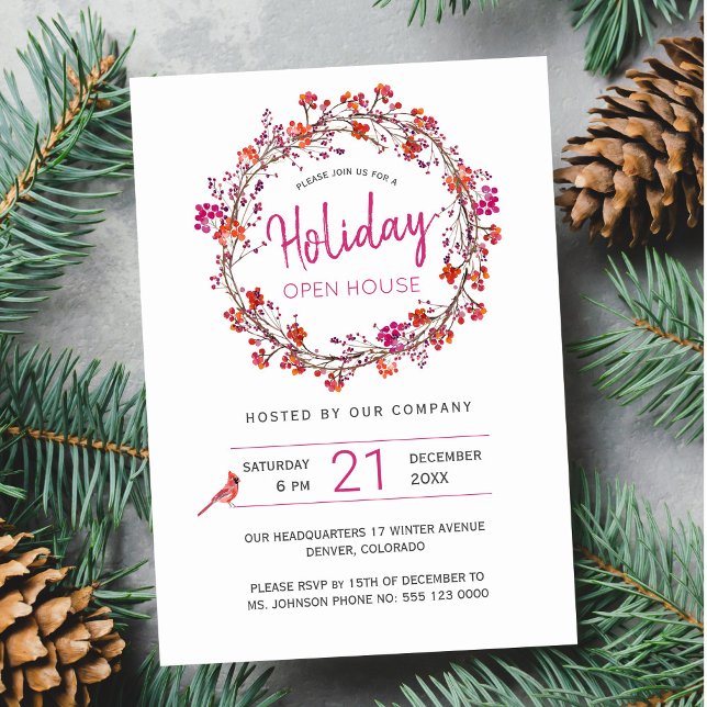 Red berries wreath winter Holiday Open House Invitation (Creator Uploaded)