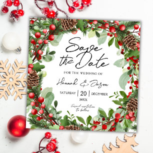 Red Berries Wreath Winter Wedding Save The Date