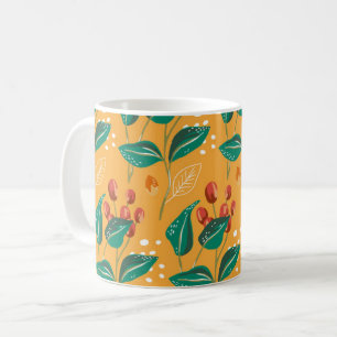 Red berry and green leaves. Floral yellow pattern Coffee Mug