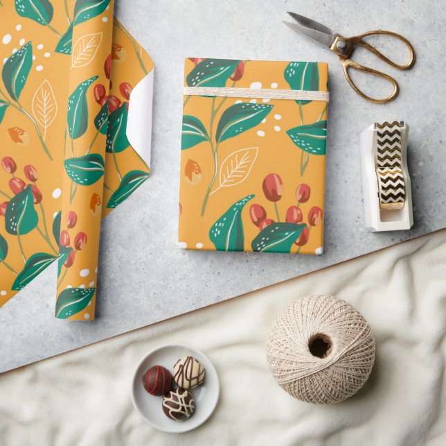 Red berry and green leaves on yellow pattern  wrapping paper (Crafts)