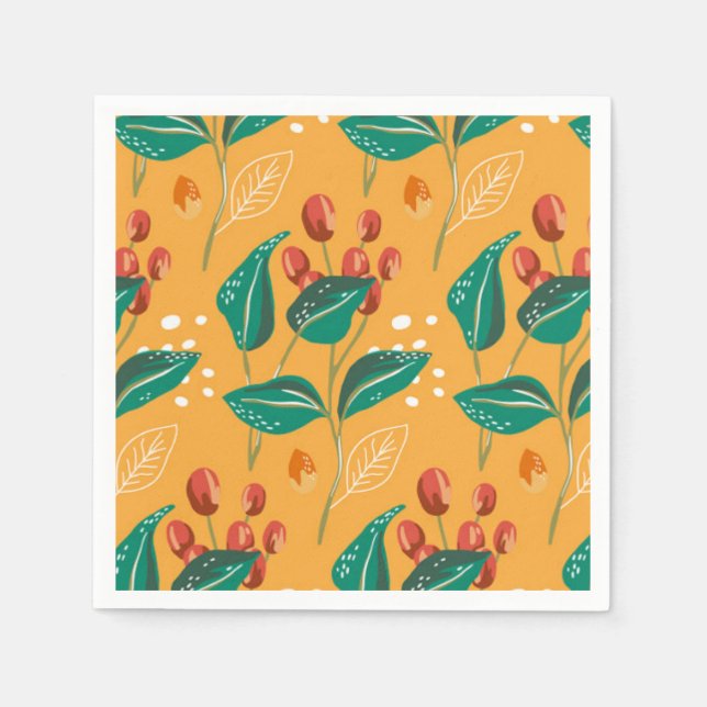 Red berry and green leaves pattern on yellow  napkin (Front)