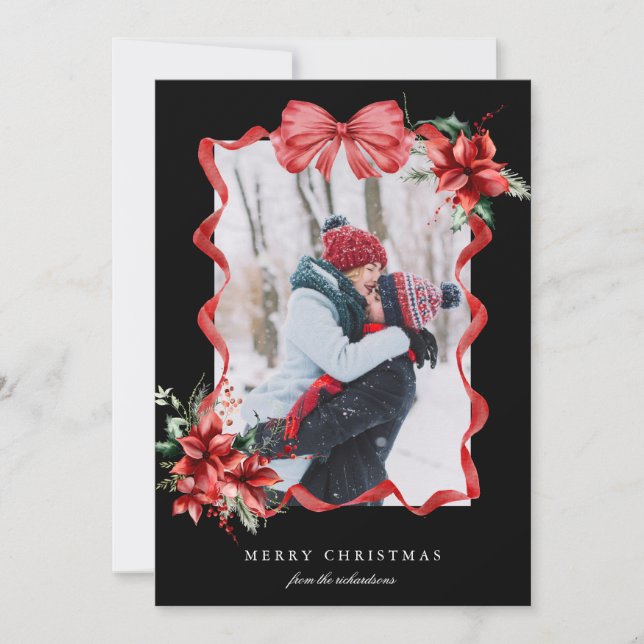 Red Berry Bow Frame Photo Christmas Holiday Card (Front)