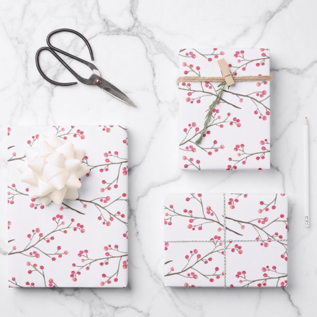 Red Berry Branch Winter Holiday Wrapping Paper Sheet (Front)