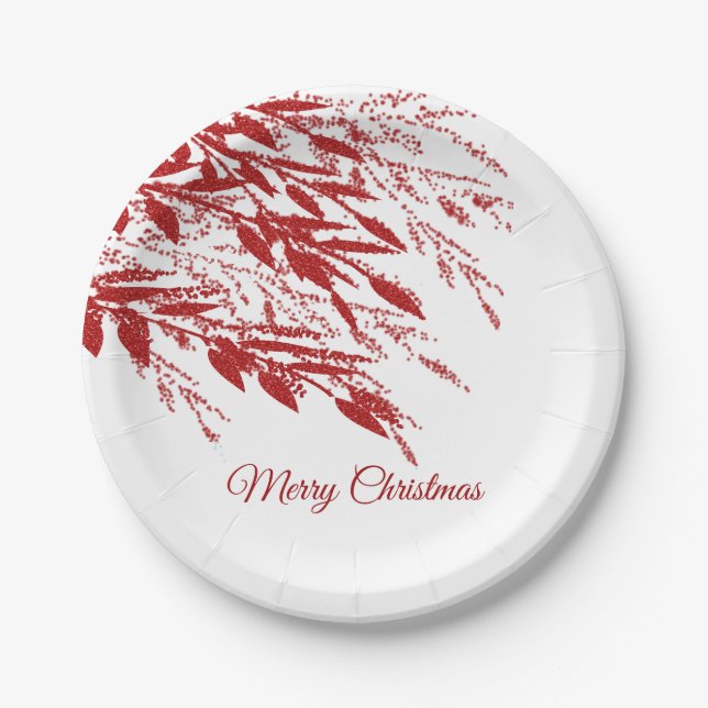 Red Berry Branches Christmas Paper Plate (Front)