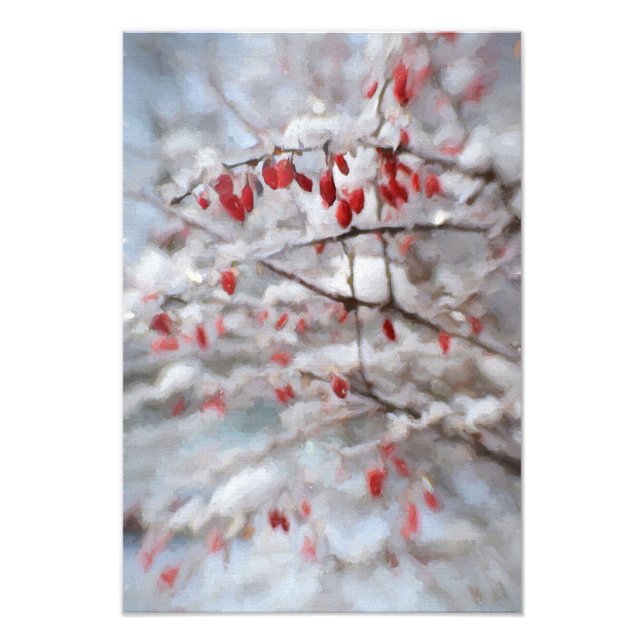 Red Berry Bush in Winter Painting Photo Print (Front)