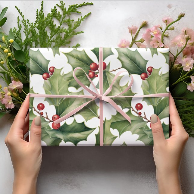 Red Berry Christmas Green Leaves Pattern Wrapping Paper (Creator Uploaded)