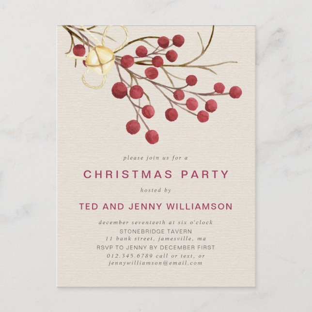 Red Berry Christmas Party Invitation Postcard (Front)