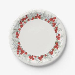 Red Berry Christmas Wreath Holiday Party Paper Plate